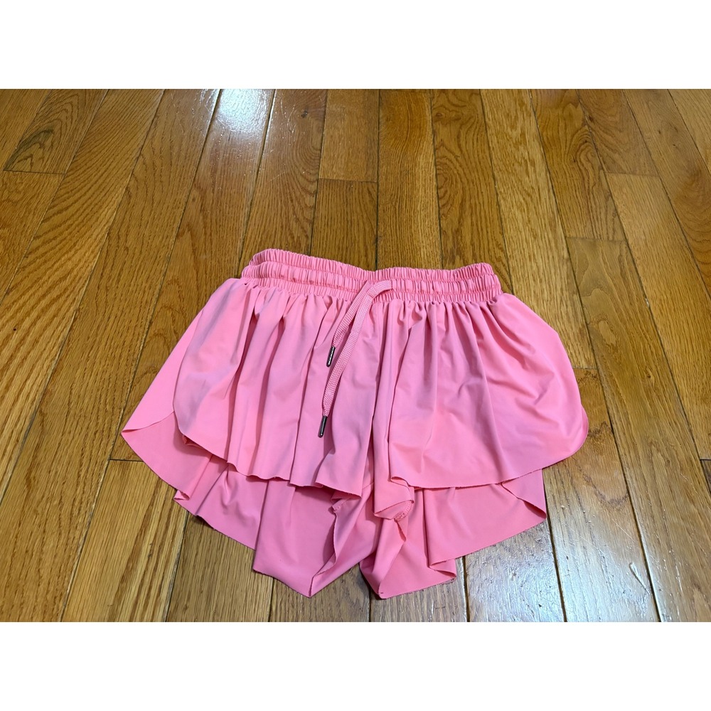 Leftear Women Pink Butterfly Flowy Athletic Shorts XS High Waist Ruffle Gym